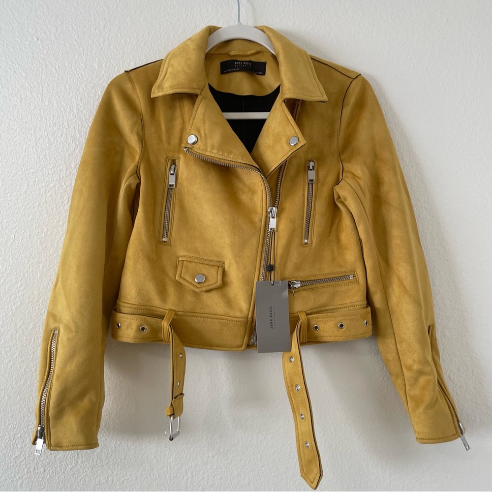 NWT ZARA women Outwear mustard yellow Faux Suede Belted Moto Biker Jacket XS